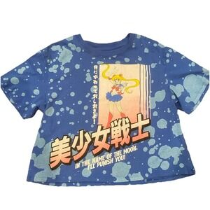 Sailor Moon Graphic T-Shirt Blue Bleach Splash Acid Wash Women Ass Crop Top
